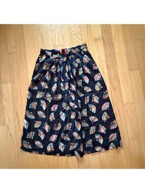 Vtg Classic of Boston Fan Printed Pattern Black Long Skirt